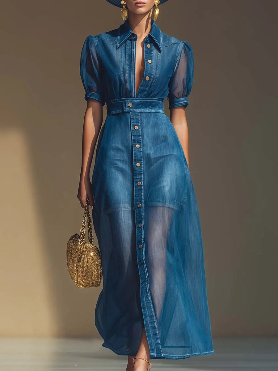 Exquisite Fashionable Front Button V-neck Short-sleeved Outer Cover Organza Blue Denim Maxi Dress