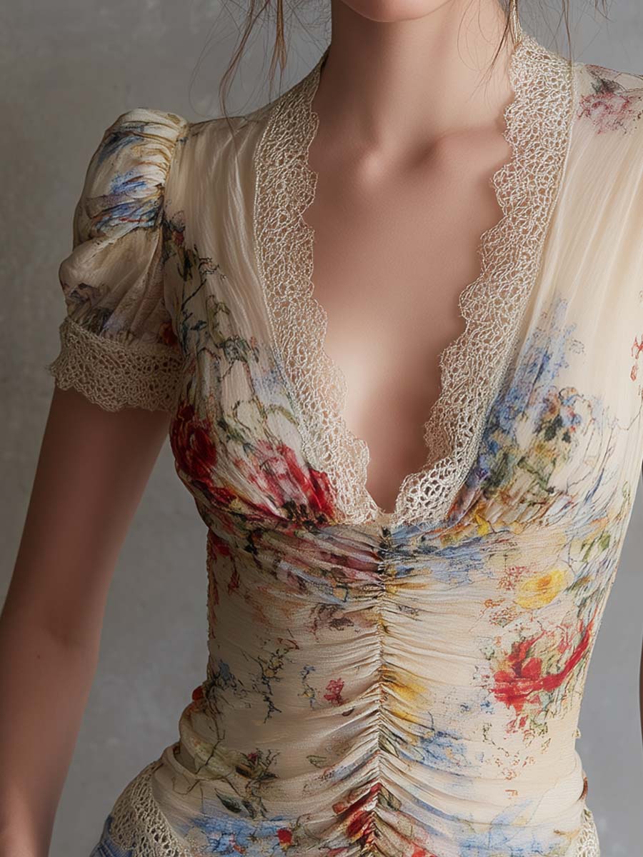 Vintage Oil Painting Floral Lace Trim Ruched Blouse