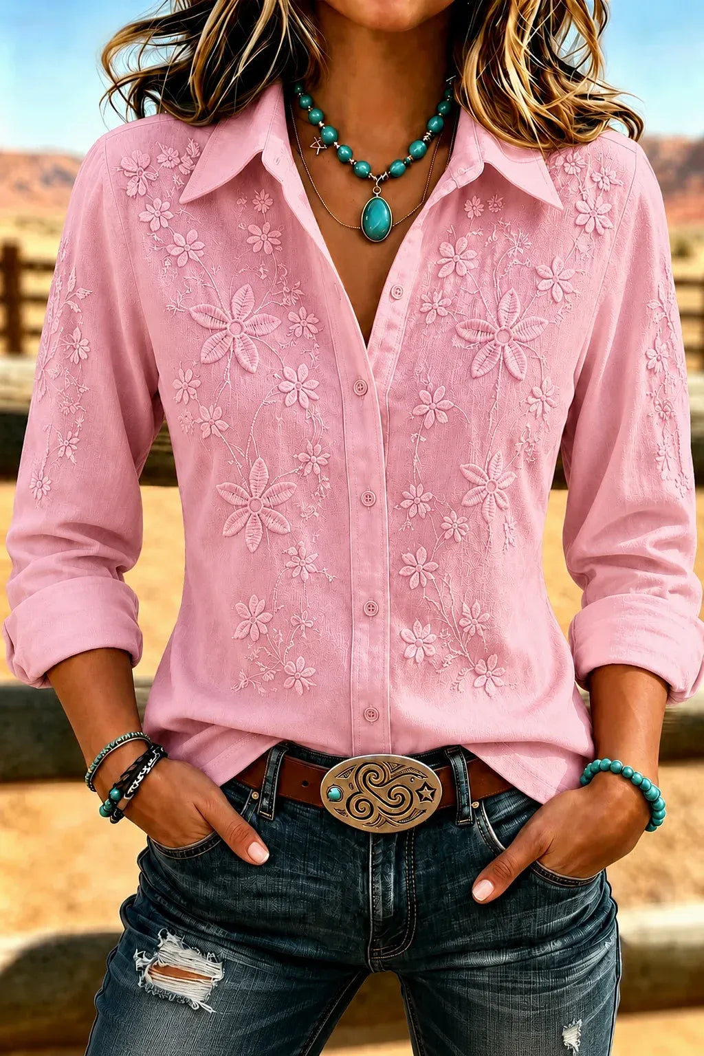 Women'S Retro Floral Casual Long Sleeved Loose Shirt