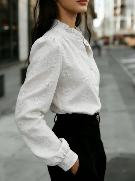 Elegant Floral Embroidered Ruffled Blouse