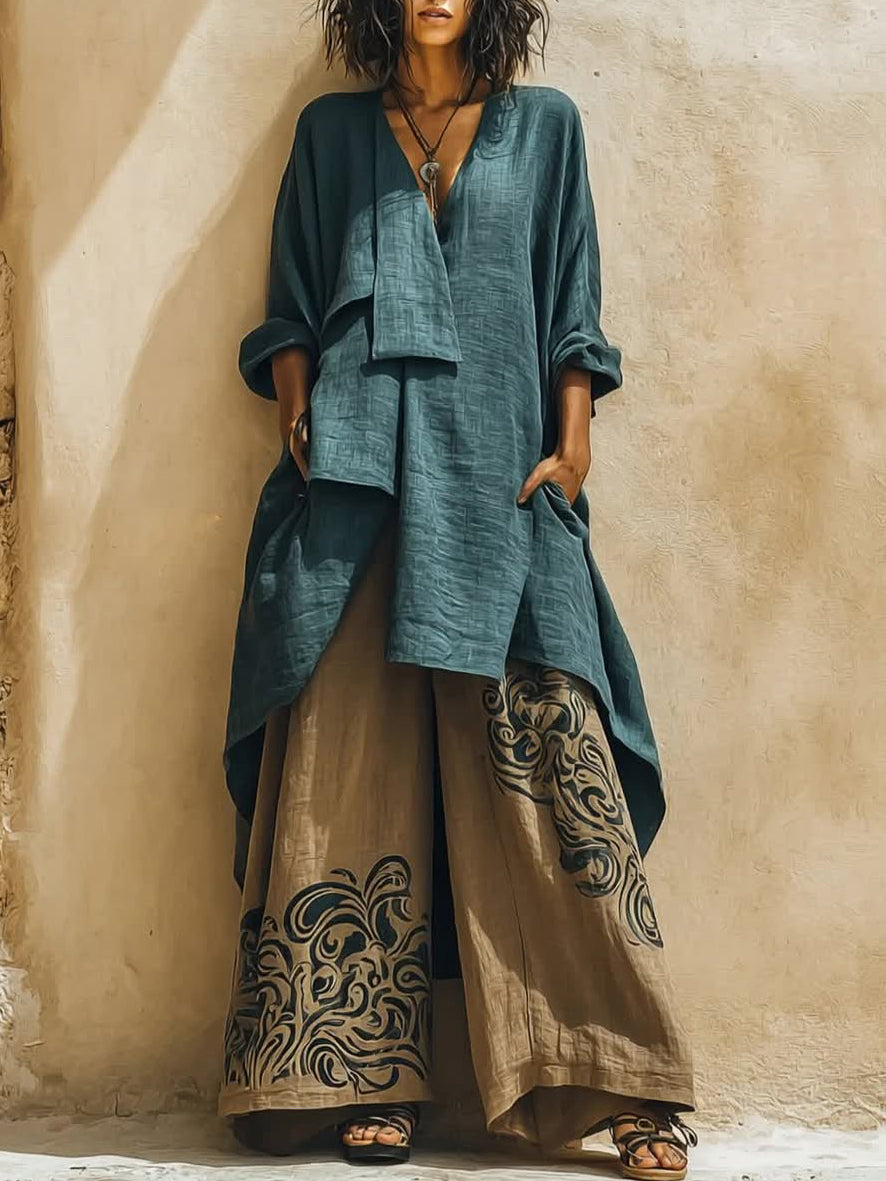 Boho Artistic Cut Long Shirt And Wide-leg Pants Cotton Linen Two-piece Set