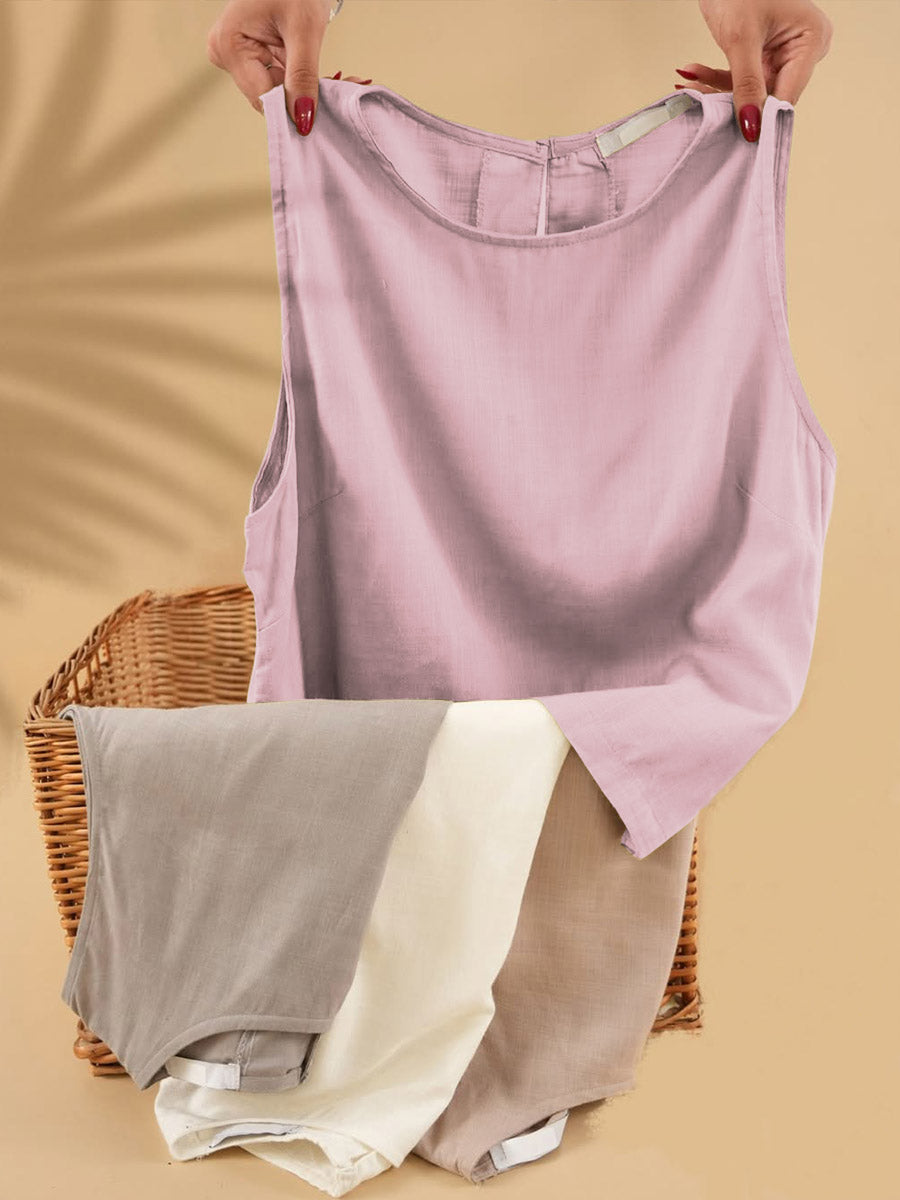 Women's Solid Color Round Neck Sleeveless Casual Linen Vest Top