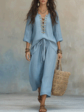 Boho Sky Blue Lightweight Linen Feel Casual Resort Outfit Set