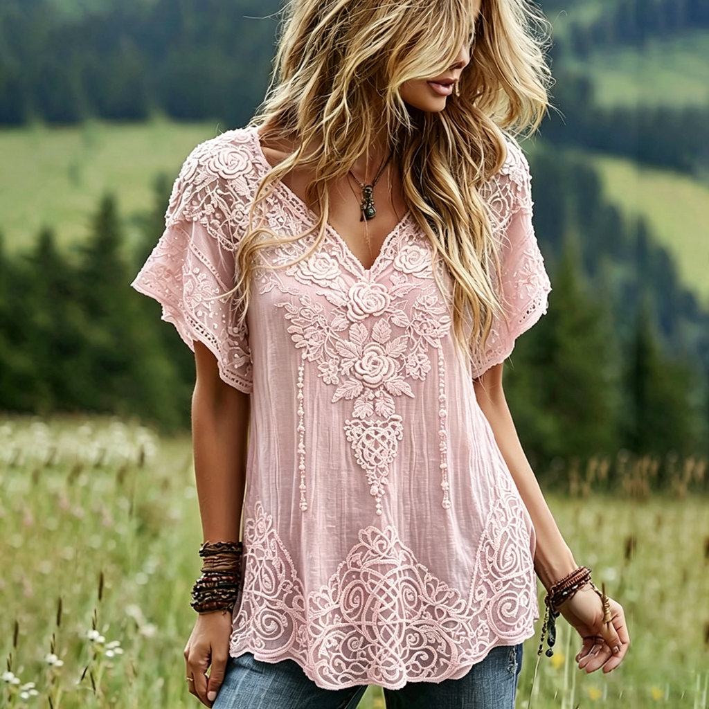 Women's Vintage Celtic Knot Floral Art Linen Blend Short Sleeve Tops