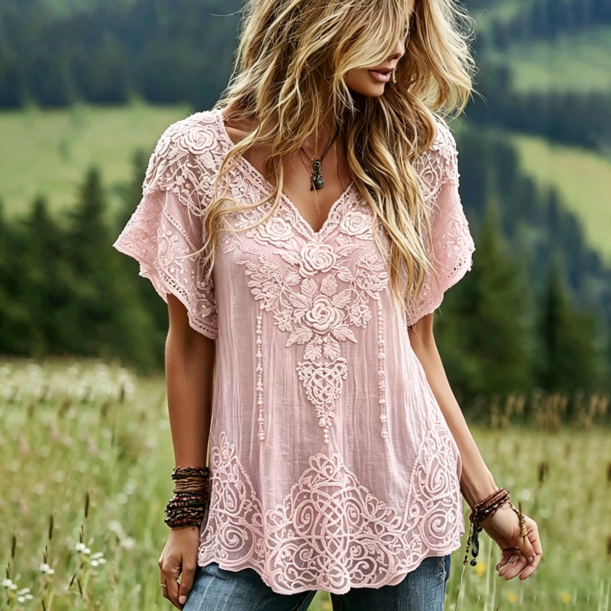 Women's Vintage Celtic Knot Floral Art Linen Blend Short Sleeve Tops