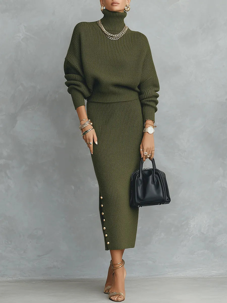 Quiet Luxury Olive Green Ribbed Knit Slim-Fit Midi Skirt And Turtleneck Sweater Set