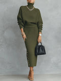 Quiet Luxury Olive Green Ribbed Knit Slim-Fit Midi Skirt And Turtleneck Sweater Set