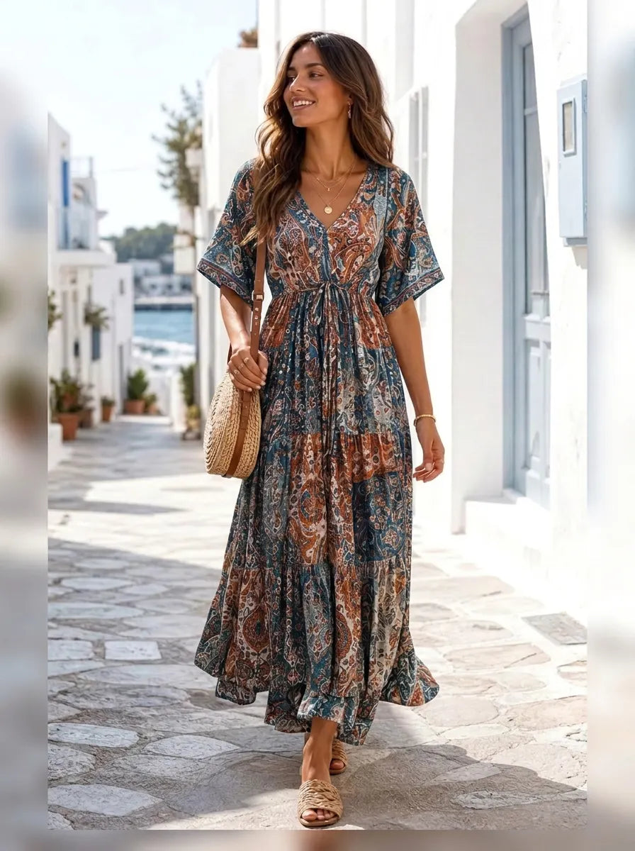Women's Bohemian V-Neck Paisley Floral Printed Maxi Dress