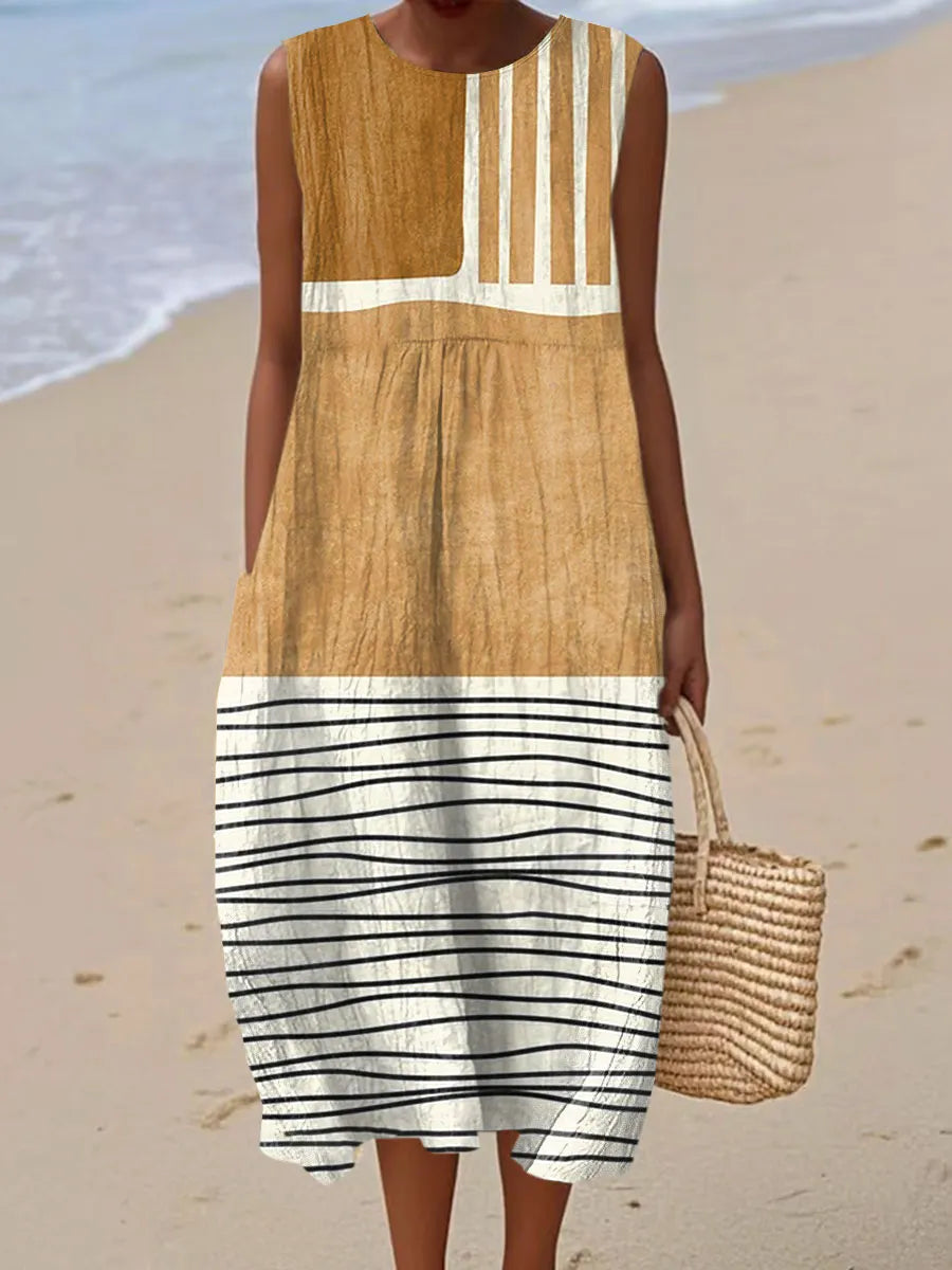 Women's Vintage Abstract Geometry Art Print Sleeveless Cotton Pocket Wrap Dress