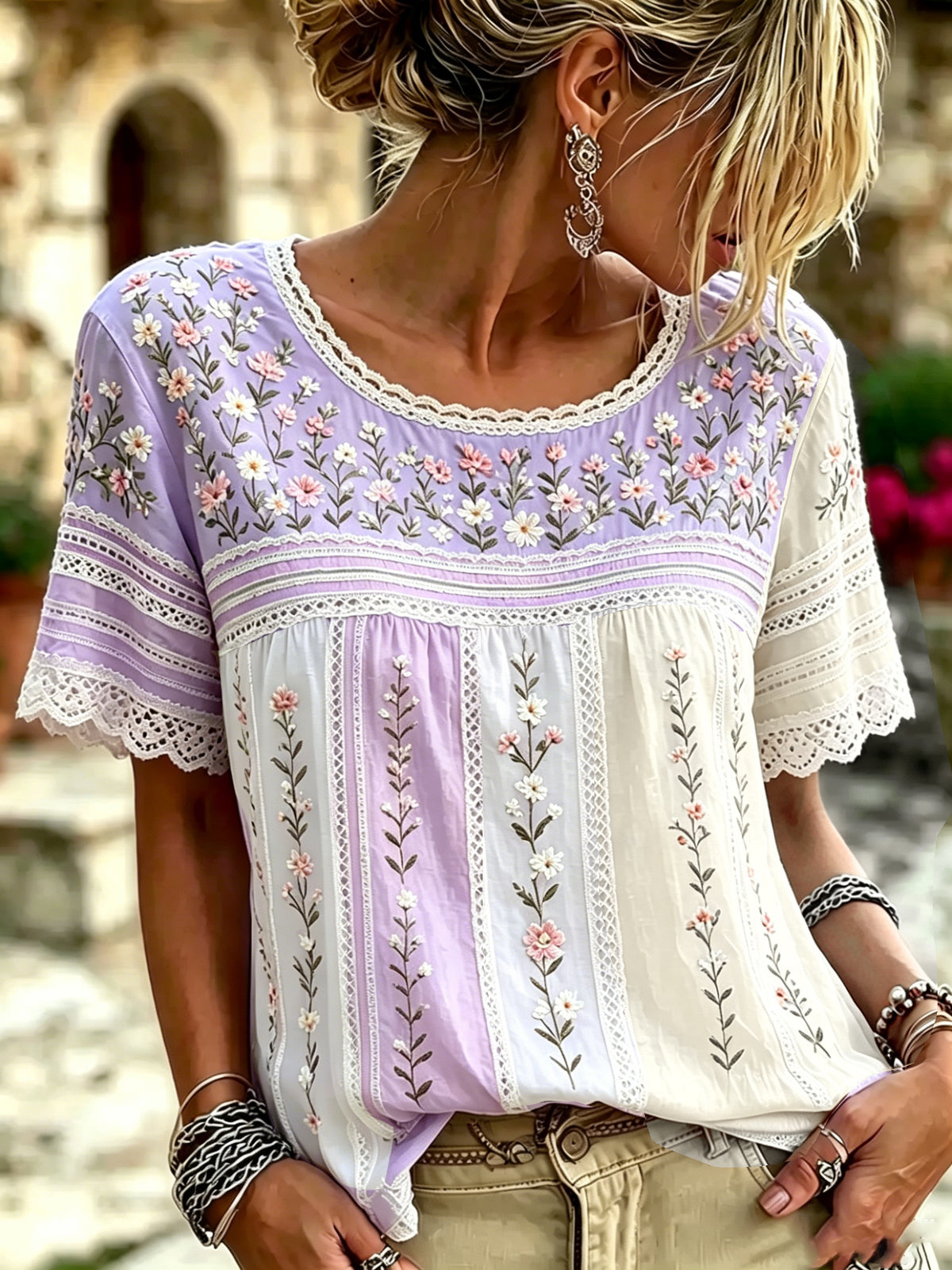 Women's Small Floral And Lace Art Splicing Comfortable Cotton Linen Casual Round Neck Short Sleeve Top