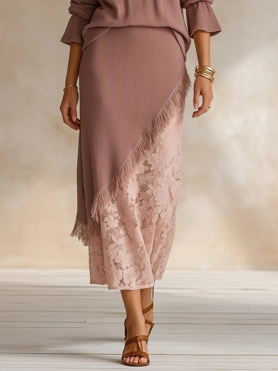 Earthy Boho Asymmetric Lace Panel Skirt Outfit Set