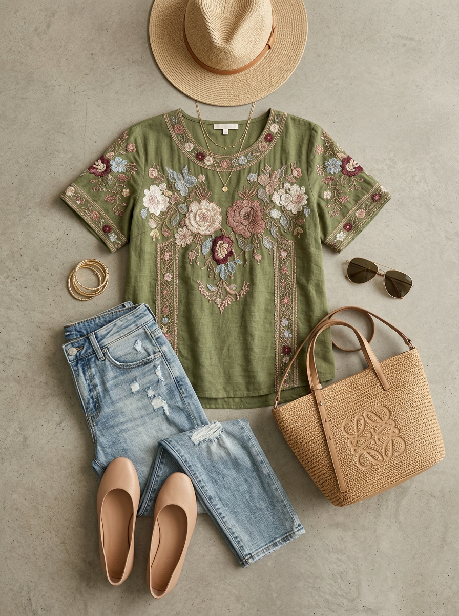 Women's Boho Floral Cotton Embroidered Printed T-shirt
