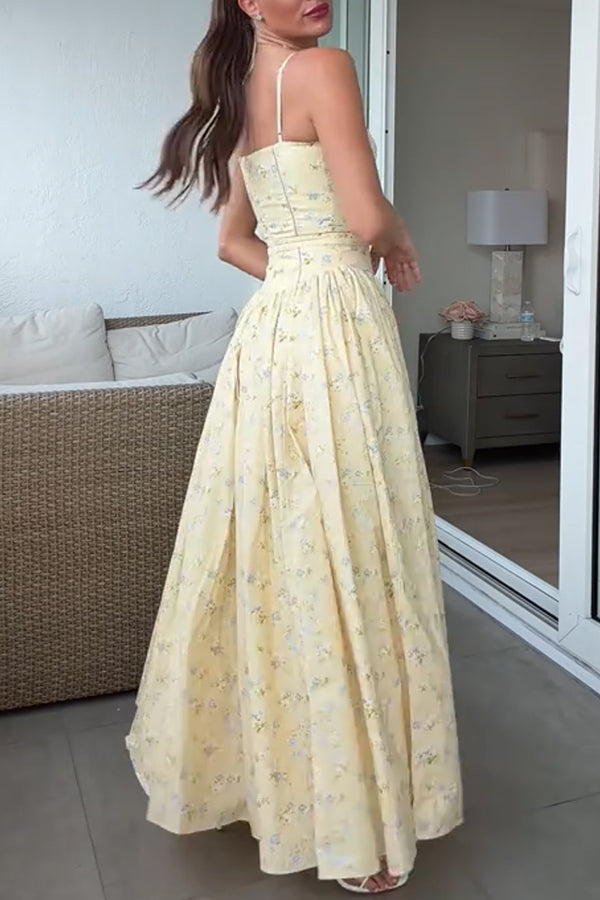 Romantic Countryside Stretch Cotton Blend Floral Print Cutout Trim Slip Midi Dress