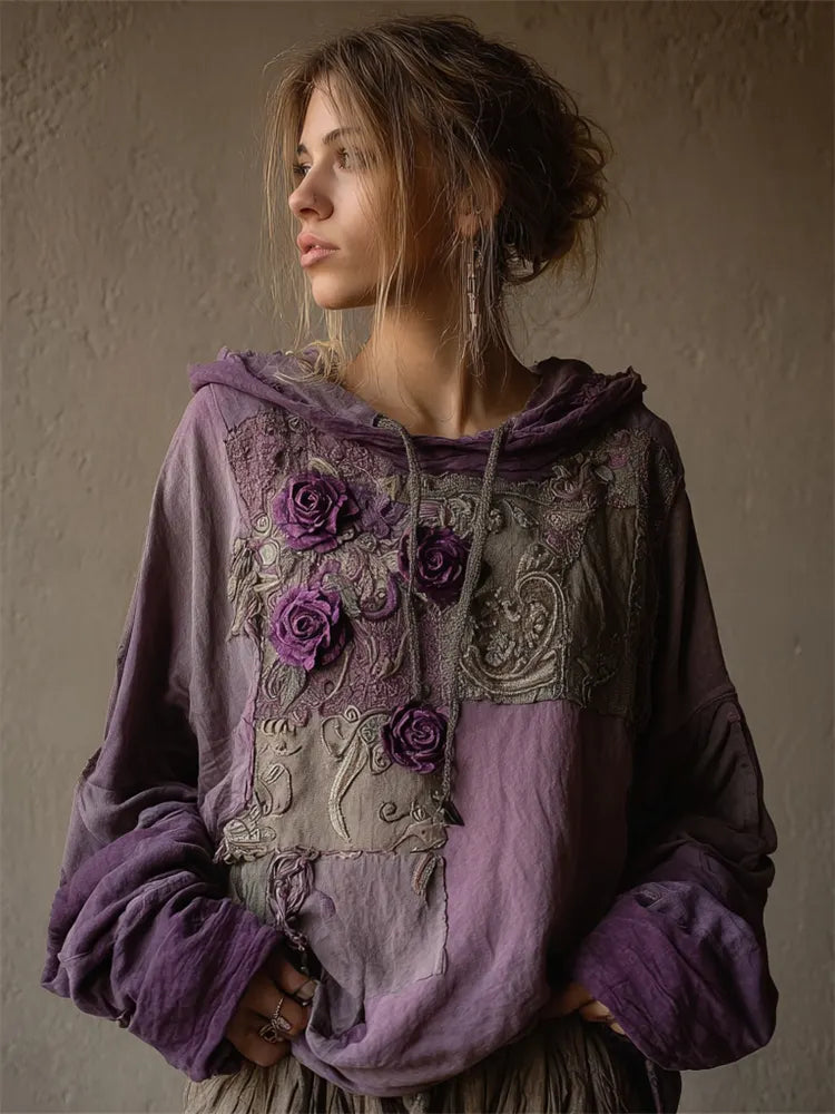 Vintage Purple Roses Fiber Art Patchwork Hoodie