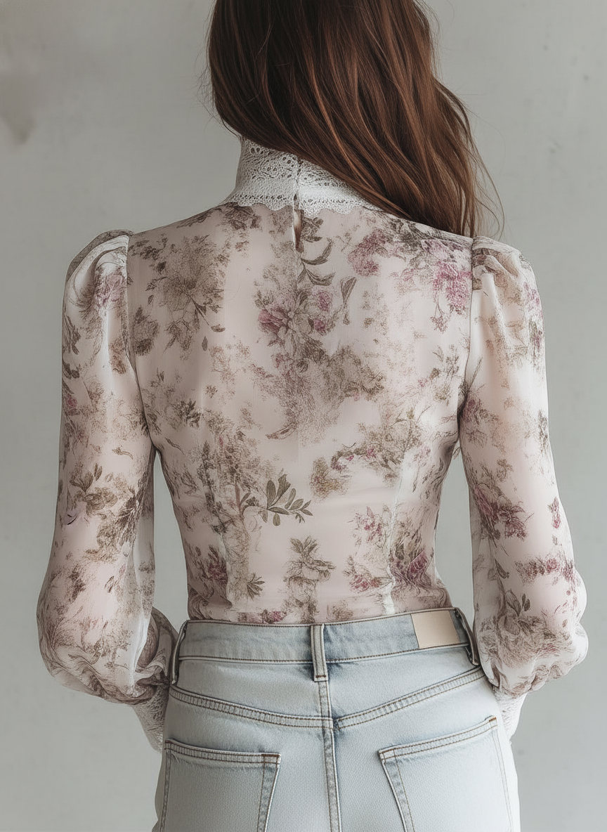 Victorian Style Floral Chiffon Blouse
