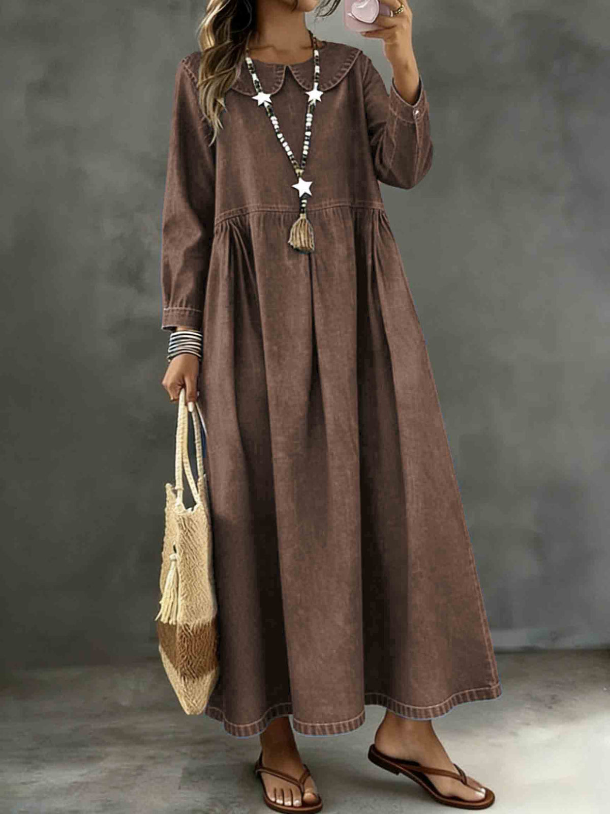 Long Sleeved Lotus leaf collar  Loose Denim Dress