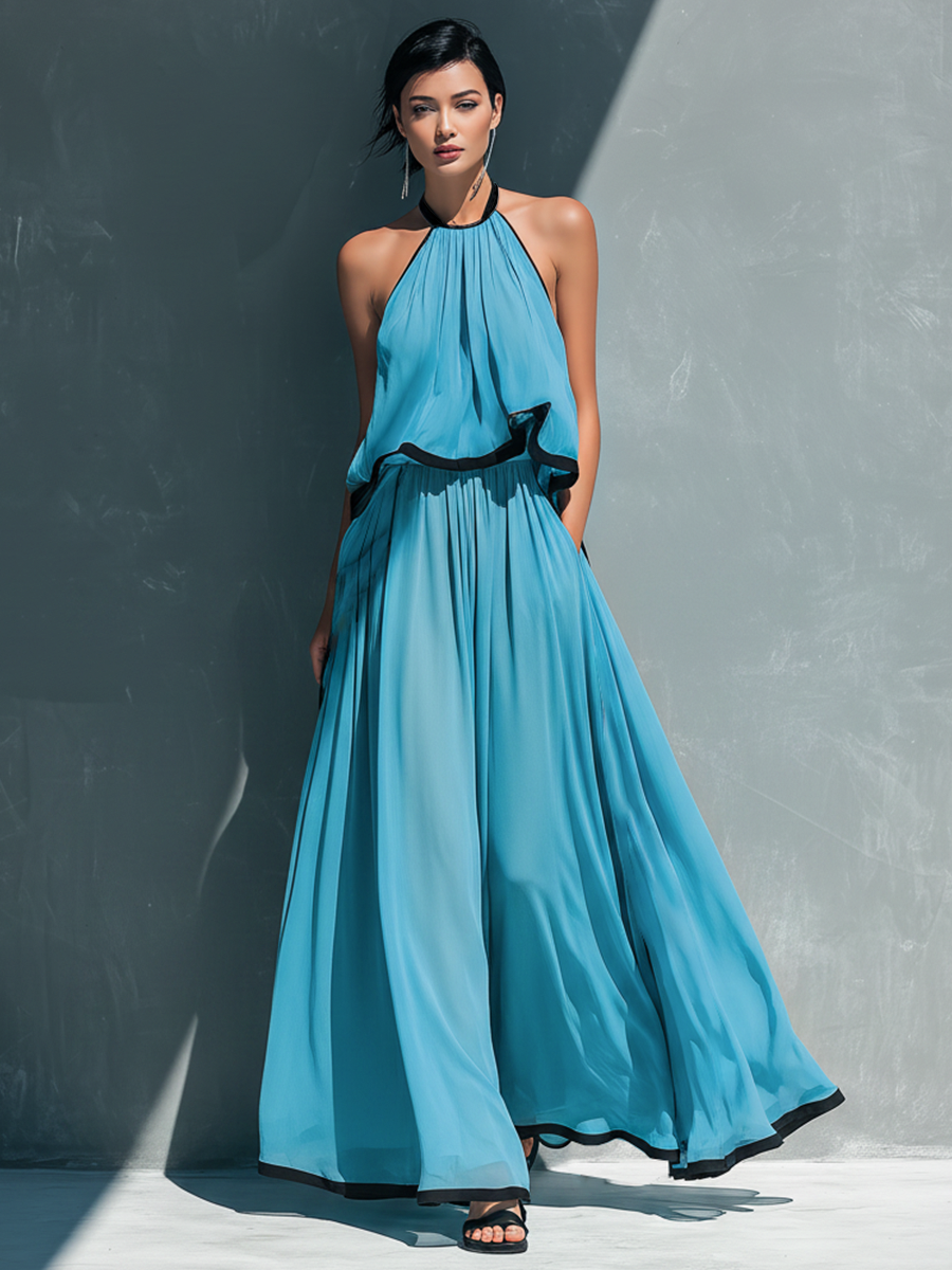 Women¡¯s Sky Blue Chiffon Halter Neck Ruched Contrast Trim Crop Cami Top And High-Waisted Chiffon Flared Trousers Set MDZ1399D9T
