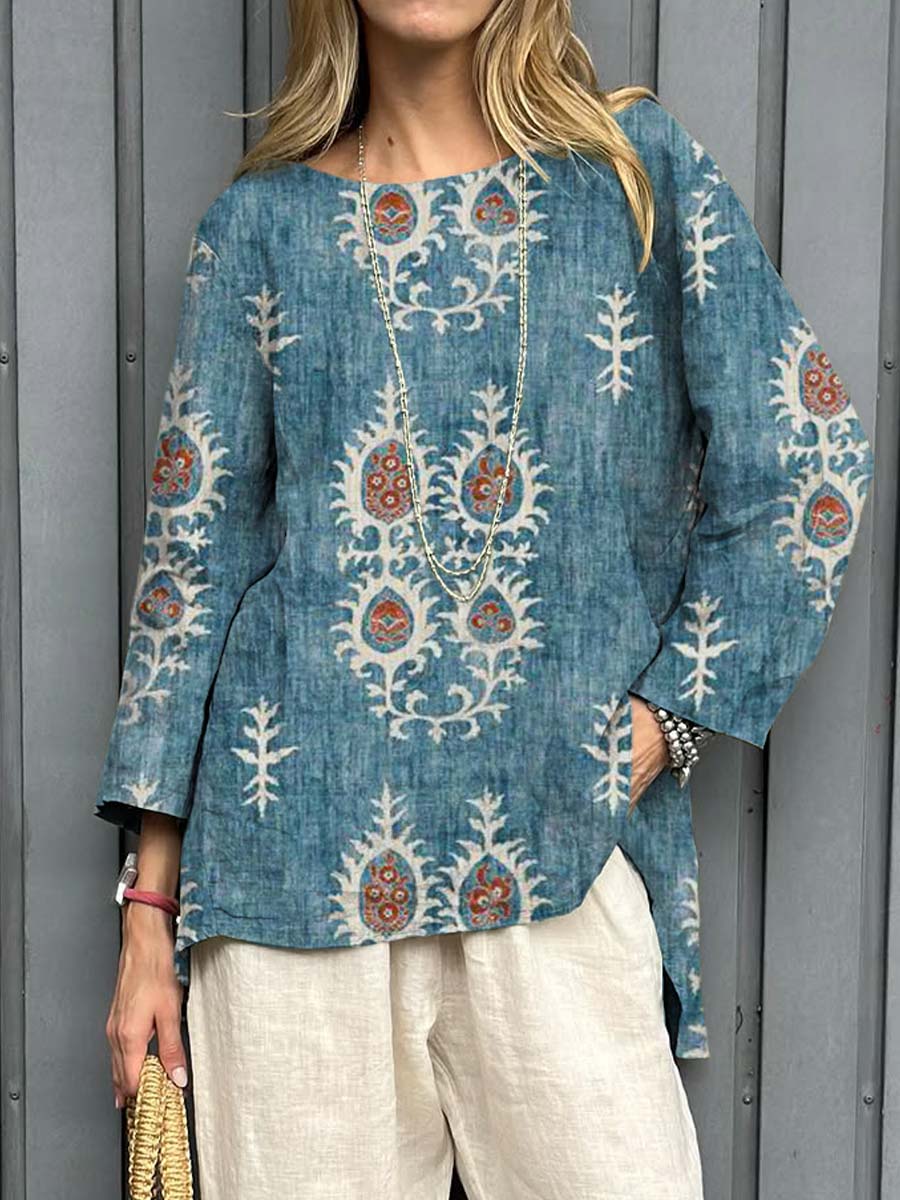Women's Vintage Ethnic Pattern Art Print Casual Cotton Linen Shirt