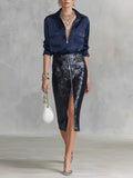Satin Zip-Front Shirt & Sequin Midi Skirt Two-Piece Set
