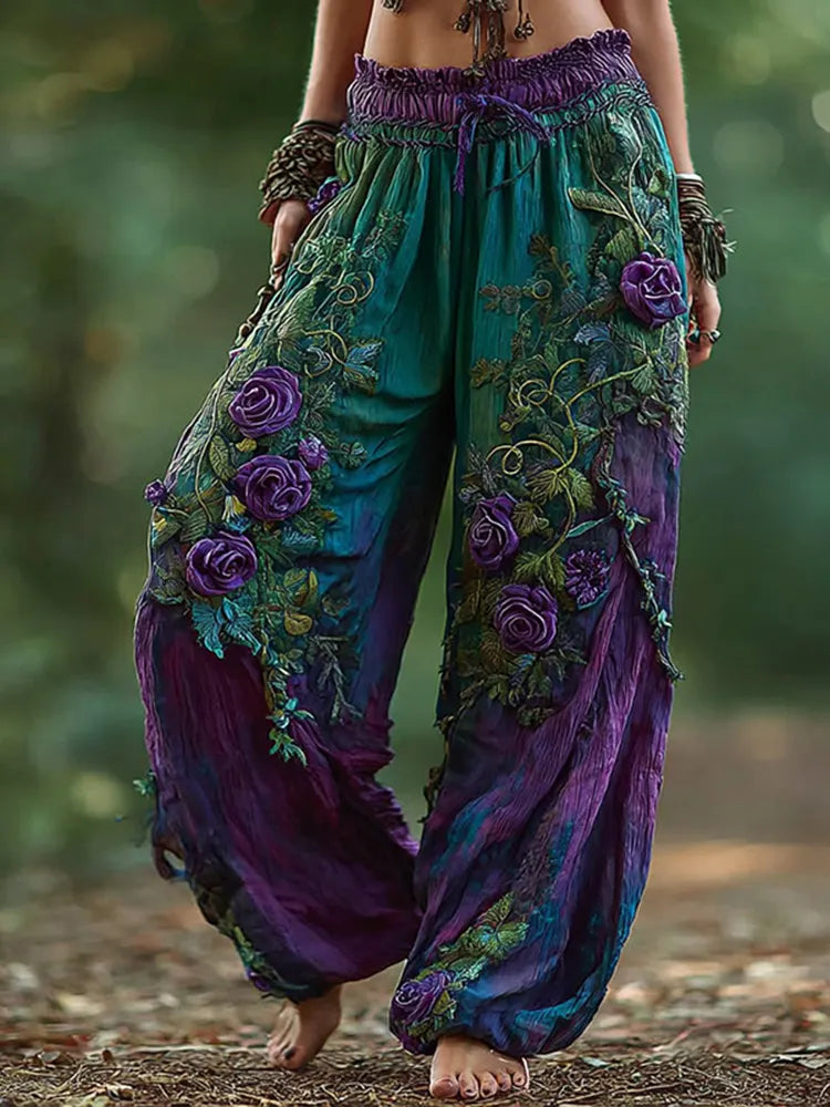 Women's Vintage Rose Floral Pattern Casual Pants