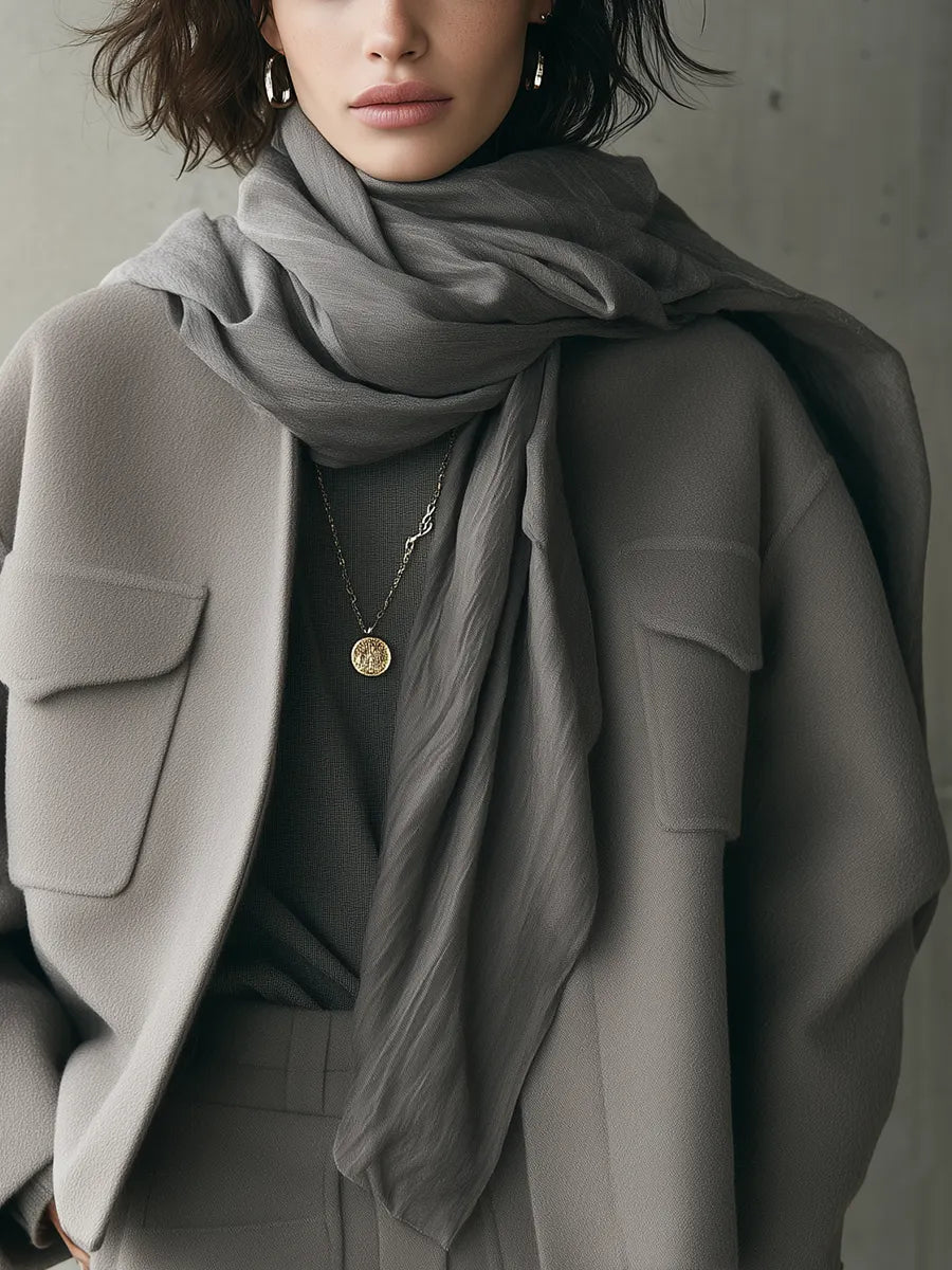 Grey-brown Pocket Short Jacket And Skirt Set