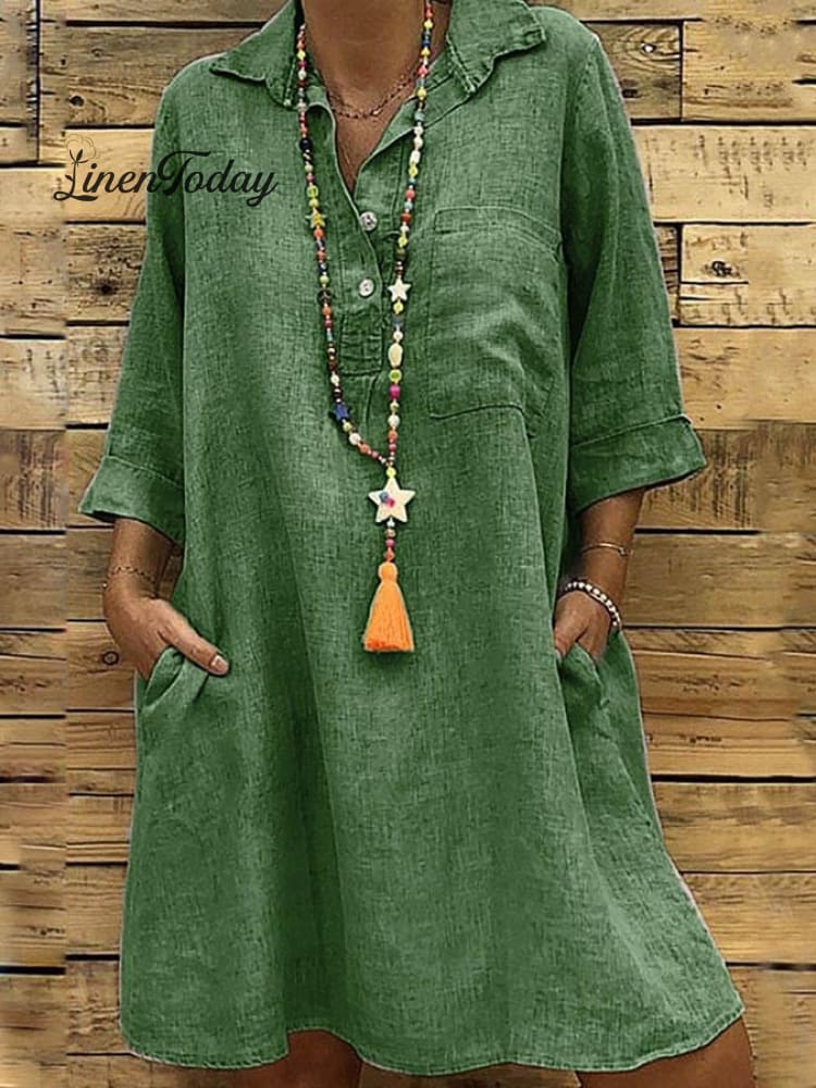 Ladies Plus Size 3/4 Sleeve Shirt Collar Casual Dress