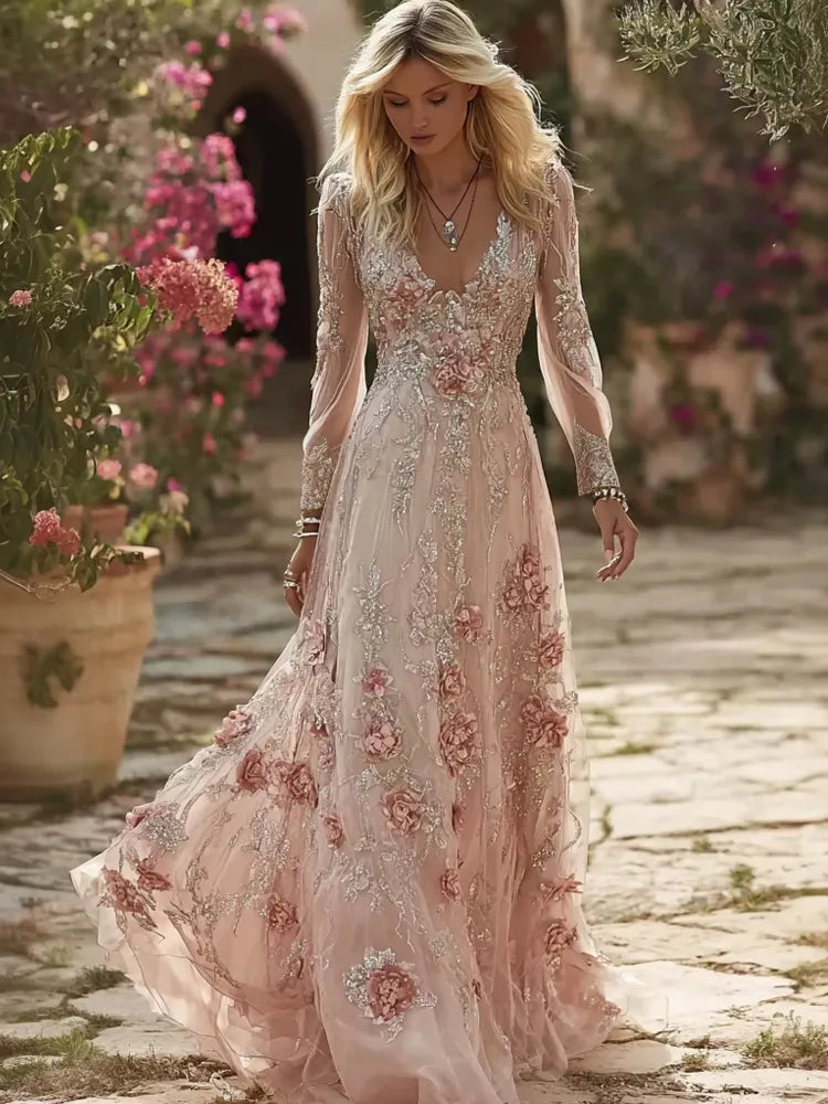 Vintage Boho Roses Embroidered Flowy Linen Maxi Dress
