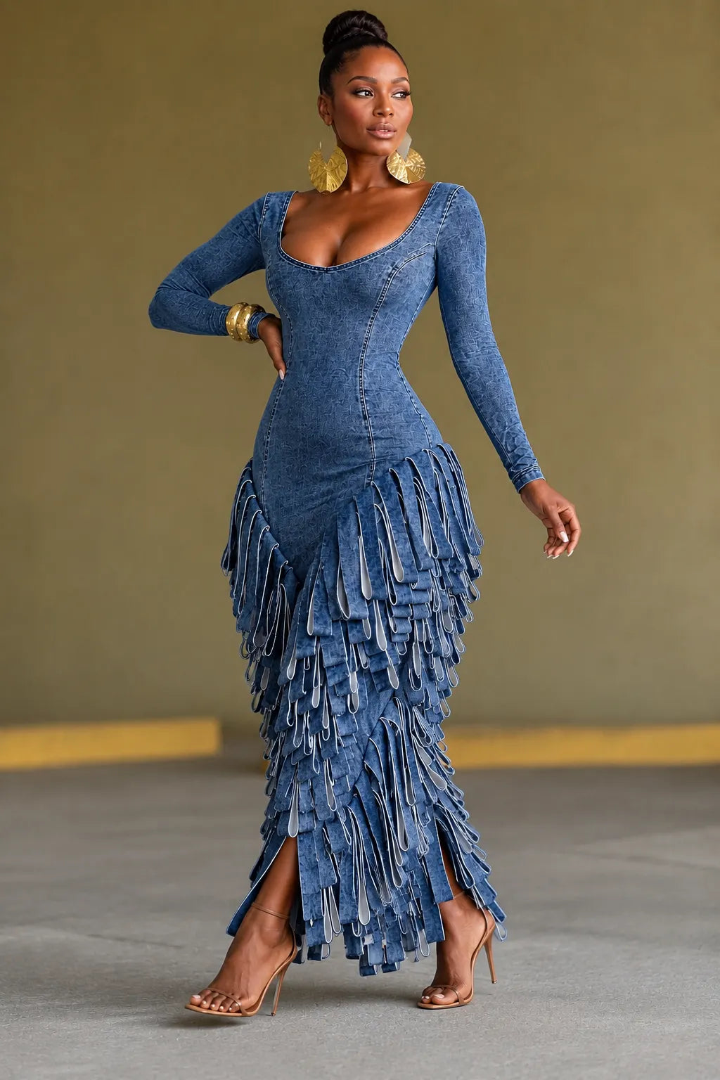 Long Sleeve U‐Neck Layered Fringe Maxi Dress