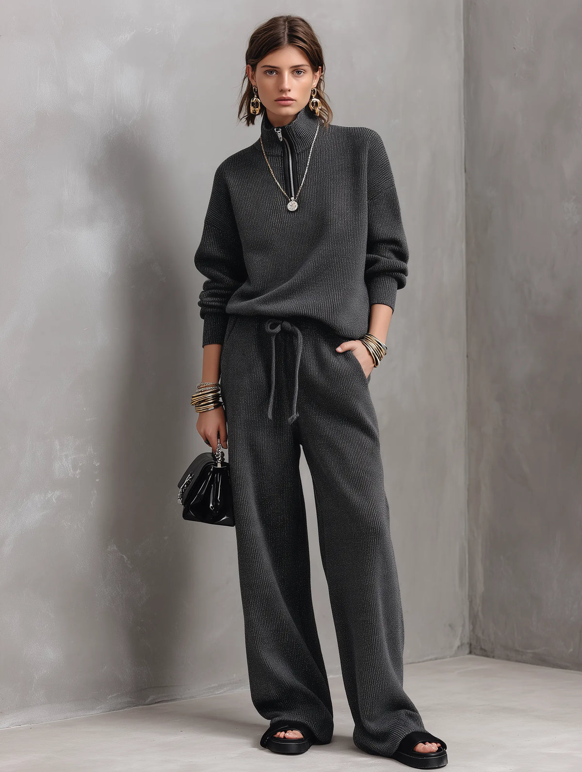 Ribbed Knit Half-Zip Sweater & Wide-Leg Pants Two-Piece Set
