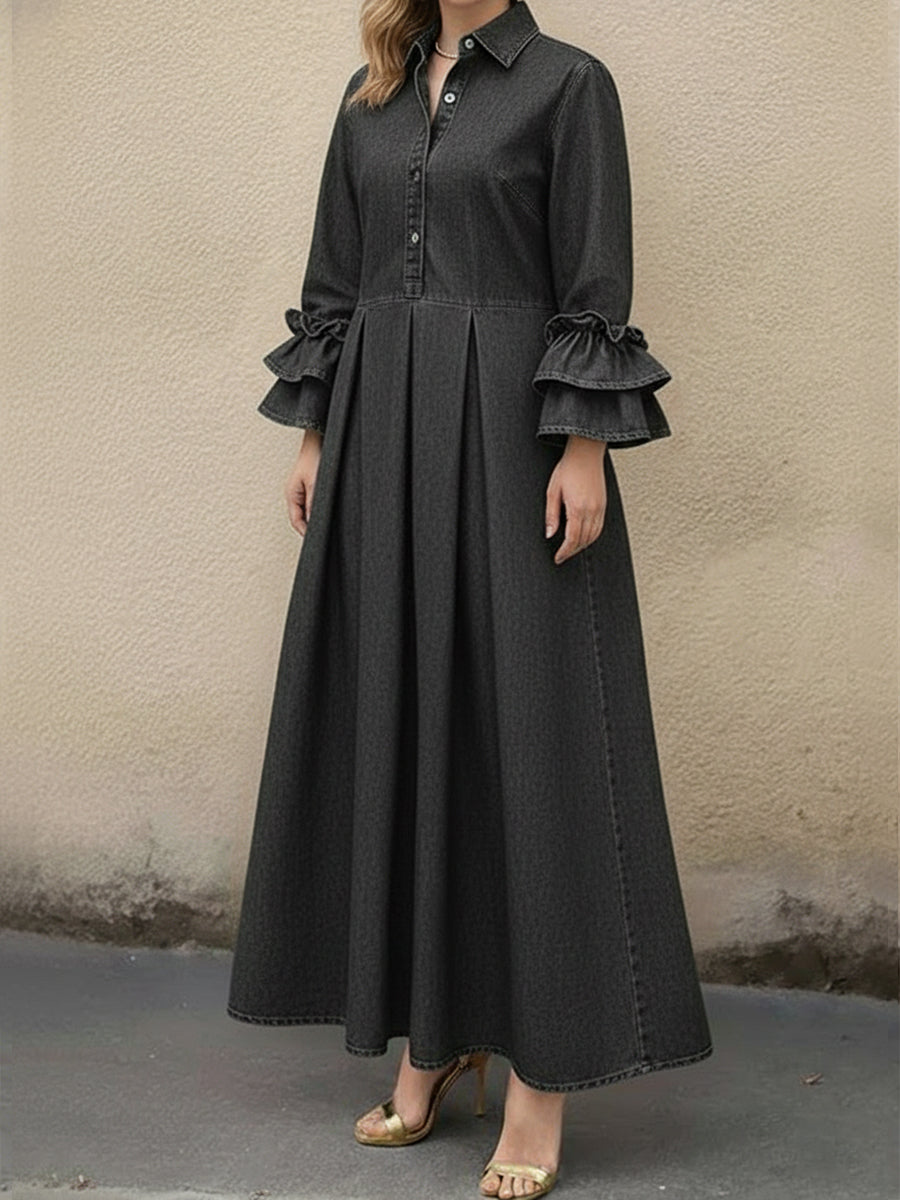 Women's Casual Denim Dress With Ruffled Sleeves