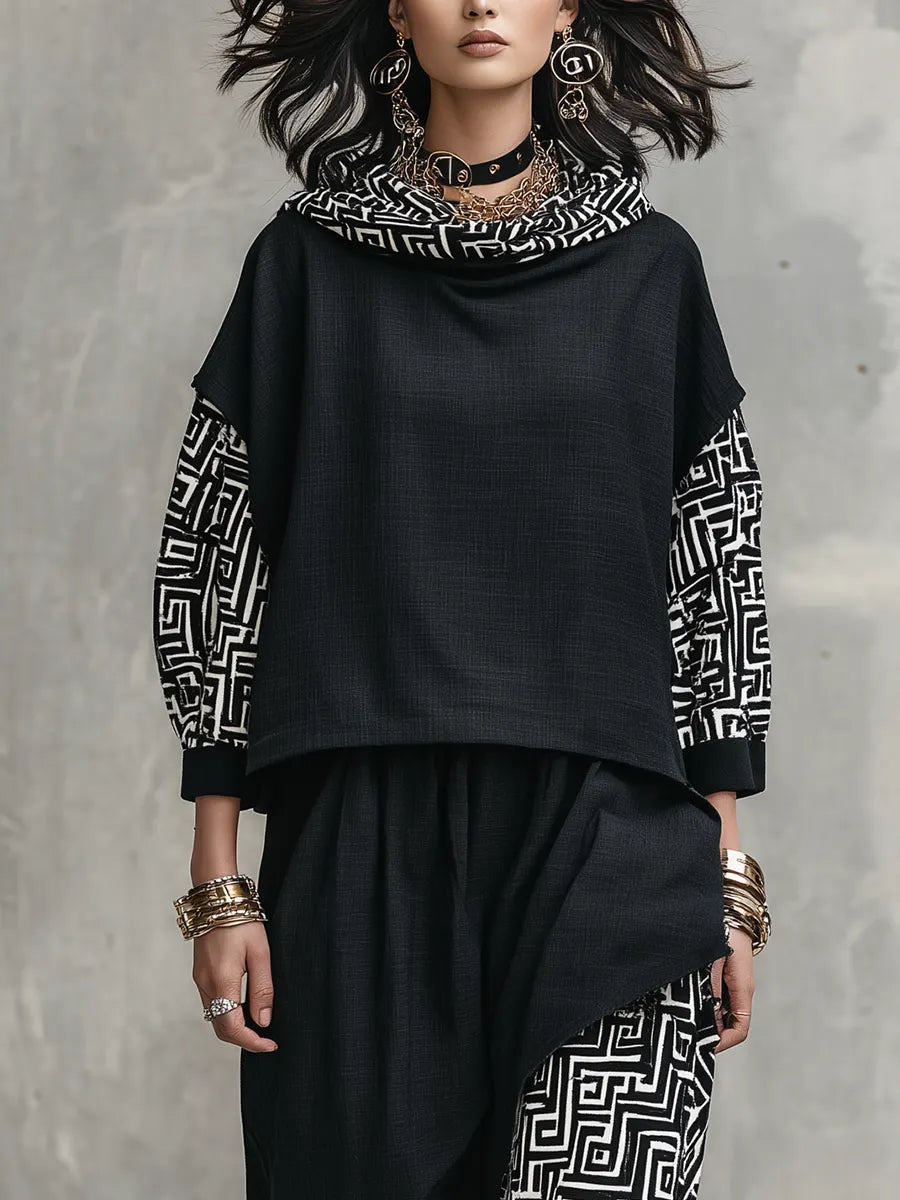 Black Linen Geometric Print Turtleneck Skirt Set