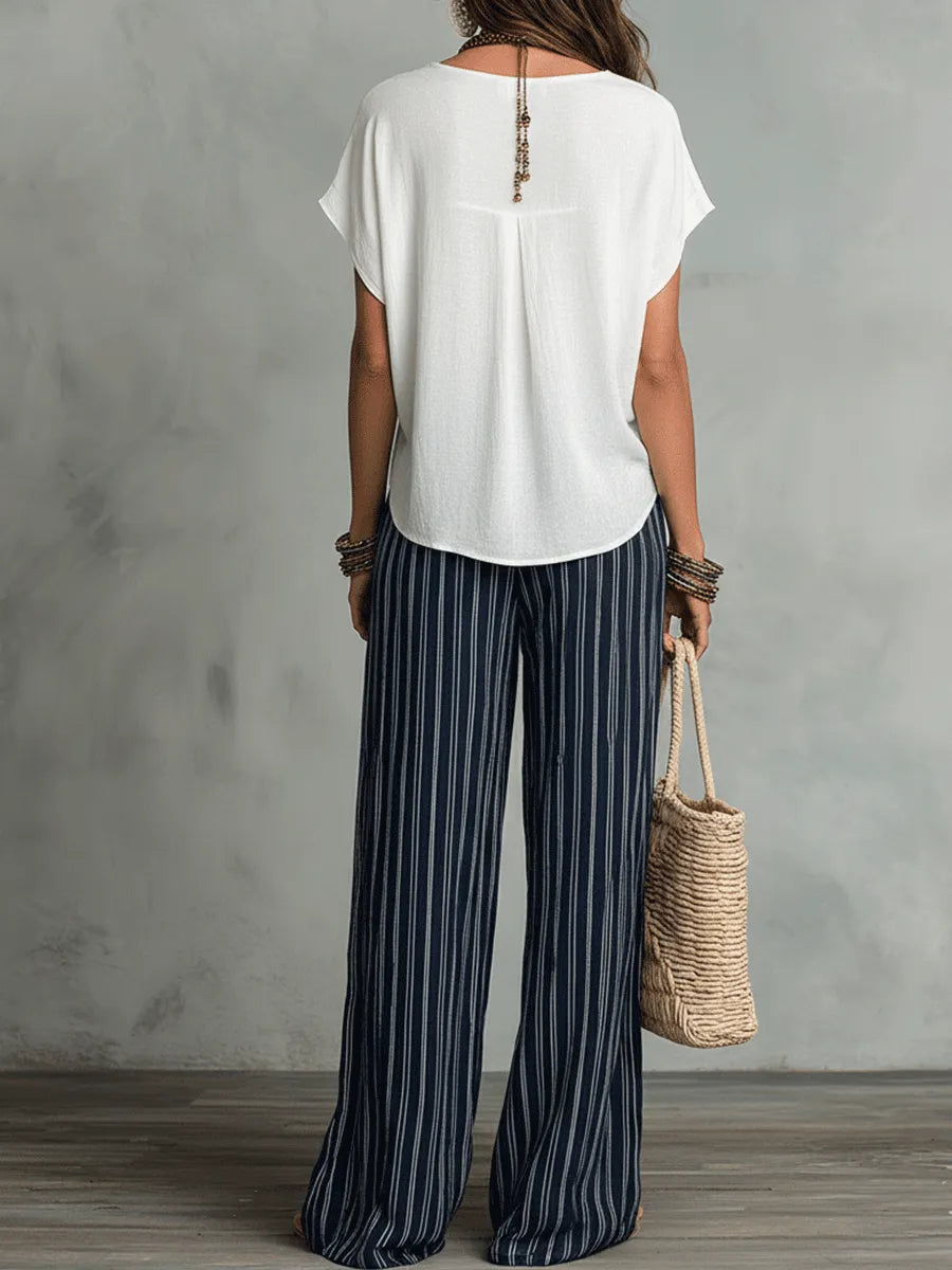 Relaxed Effortless Bohemian Stripe Wide-Leg Pants Set