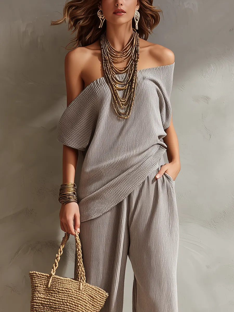 Stylish Light Gray Off Shoulder Pleated Wide Leg Pants Suit