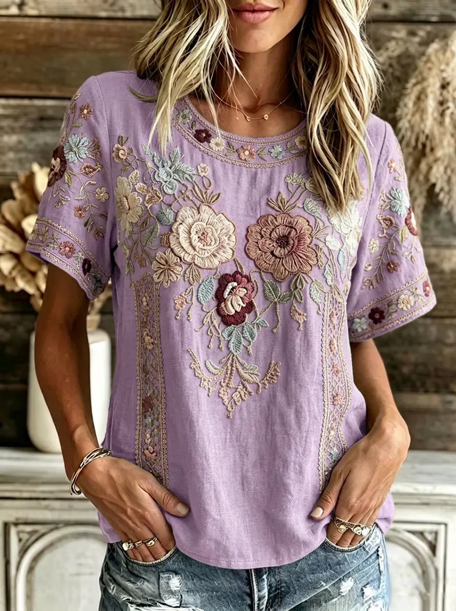 Women's Boho Floral Cotton Embroidered Printed T-shirt