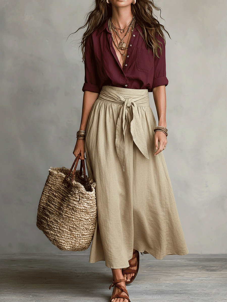 Effortless Boho Black Blouse & Olive Satin Midi Skirt Set
