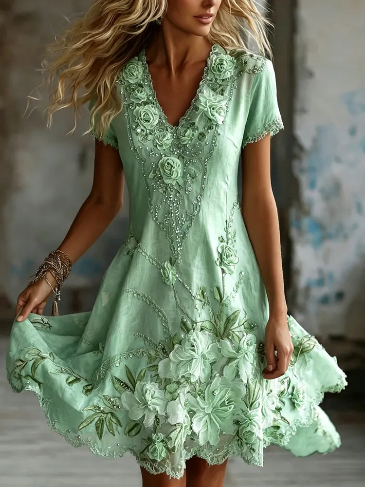 Women's Vintage Floral Embroidered Art Casual Dress