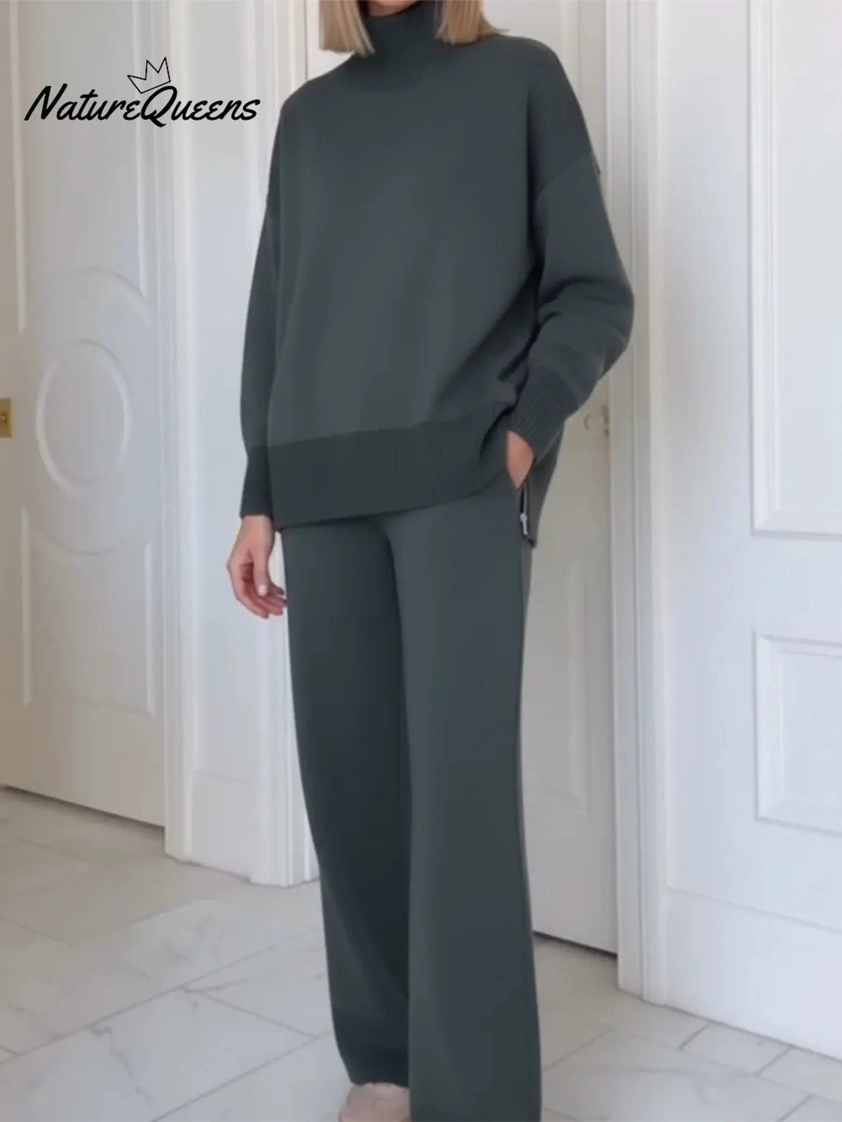 Casual Travel Stand Collar Side Zipper Top Straight Pants Two-Piece Set