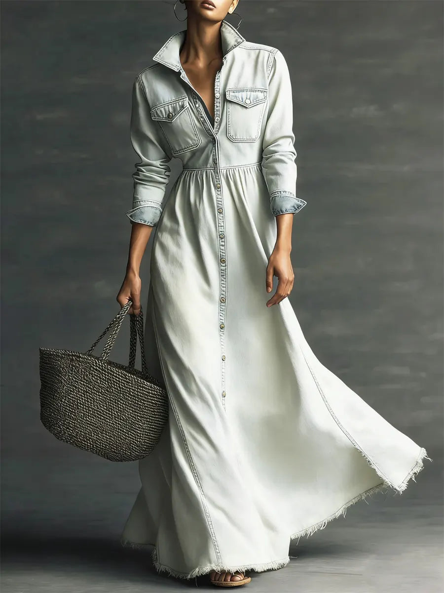 Women Stylish Art Stand Collar Washed Denim Midi Dress