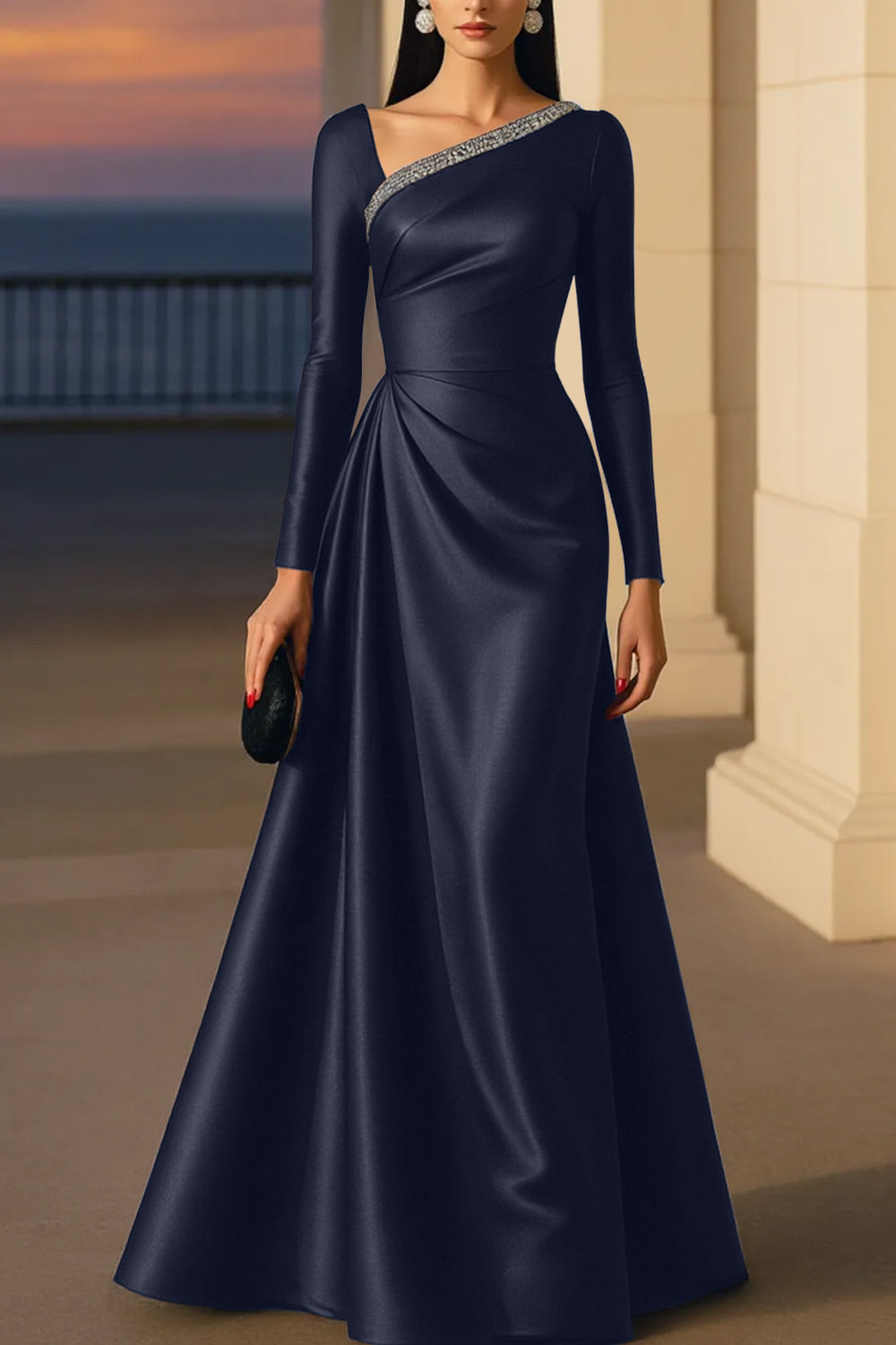 Evening Formal Burgundy Dress Asymmetrical Neck Long Sleeve Maxi Gown