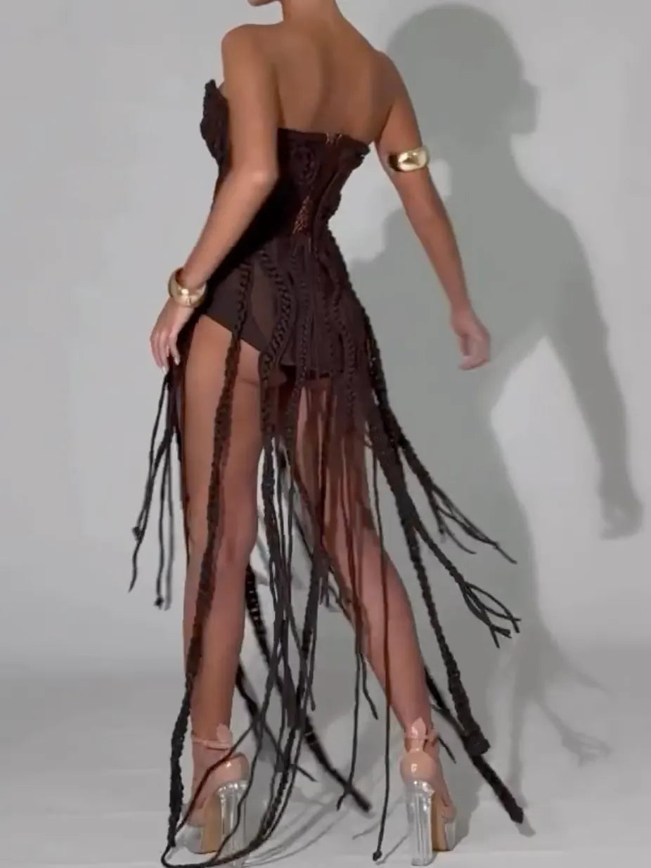 Brown Macramé Strapless Mini Dress with Braided Fringe Tassels