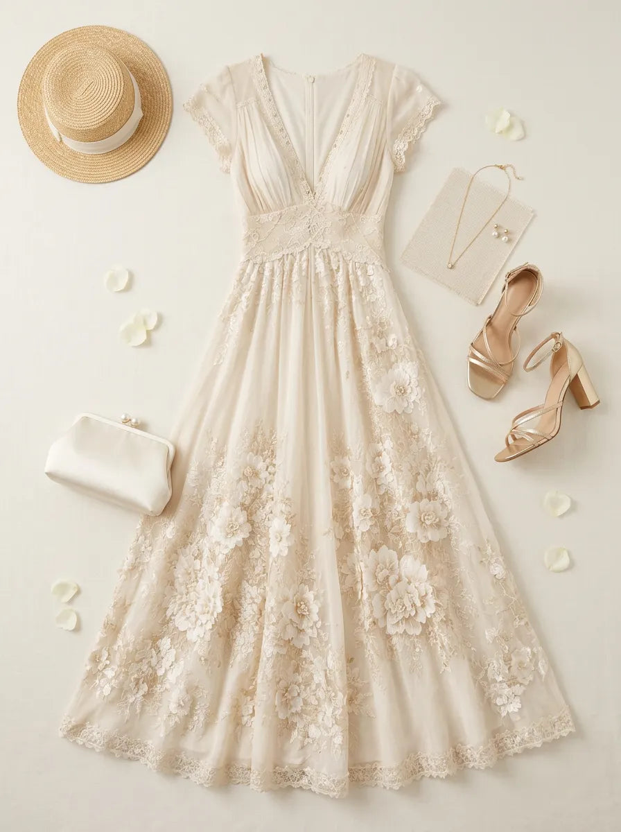 Women's Boho Floral Embroidered Lace Printed Maxi Dress