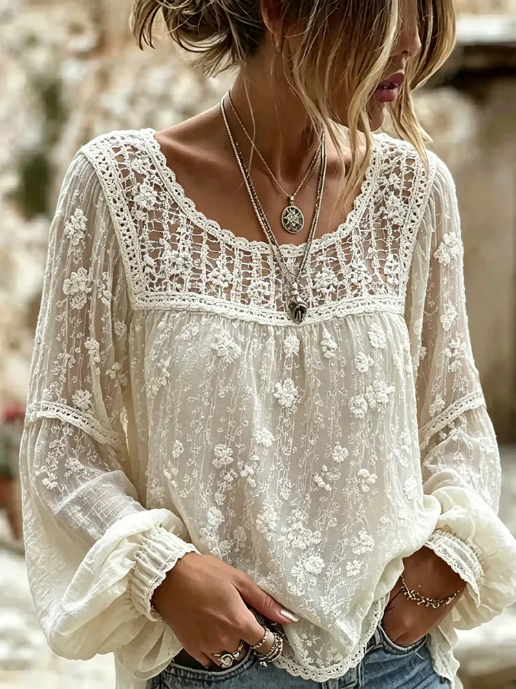 Women's Retro Floral Art Embroidery Cotton Linen Round Neck Long Sleeve Top