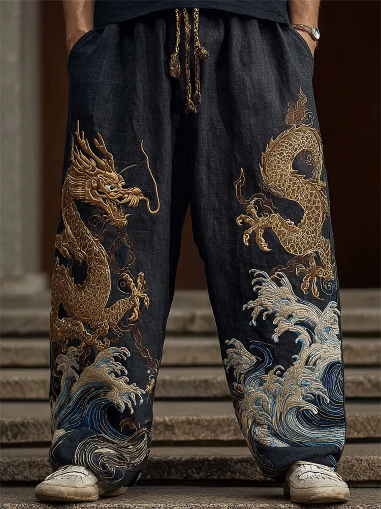 Men's Japanese Gold Dragon Sea Waves Embroidered Linen Pants