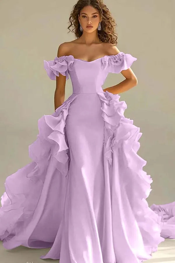 Off the Shoulder Sleeveless Long Mermaid Prom Dress With Ruffles JQ0149