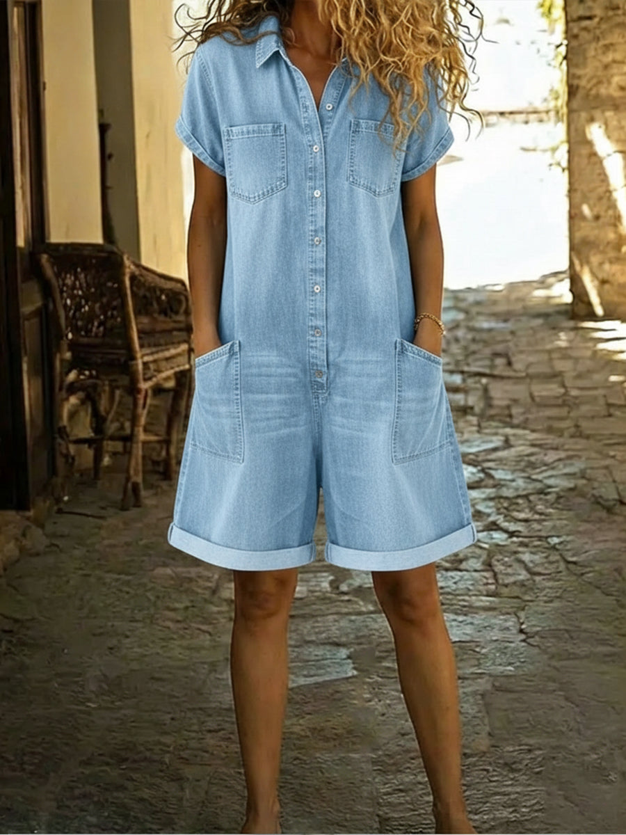 Women's Casual Cotton Denim Jumpsuit Shorts