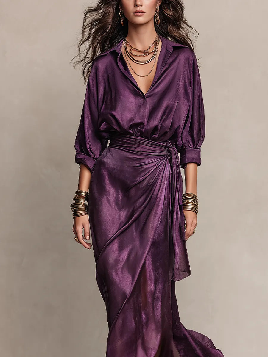 Bohemian Plum-colored Satin Shirt And Skirt Suit