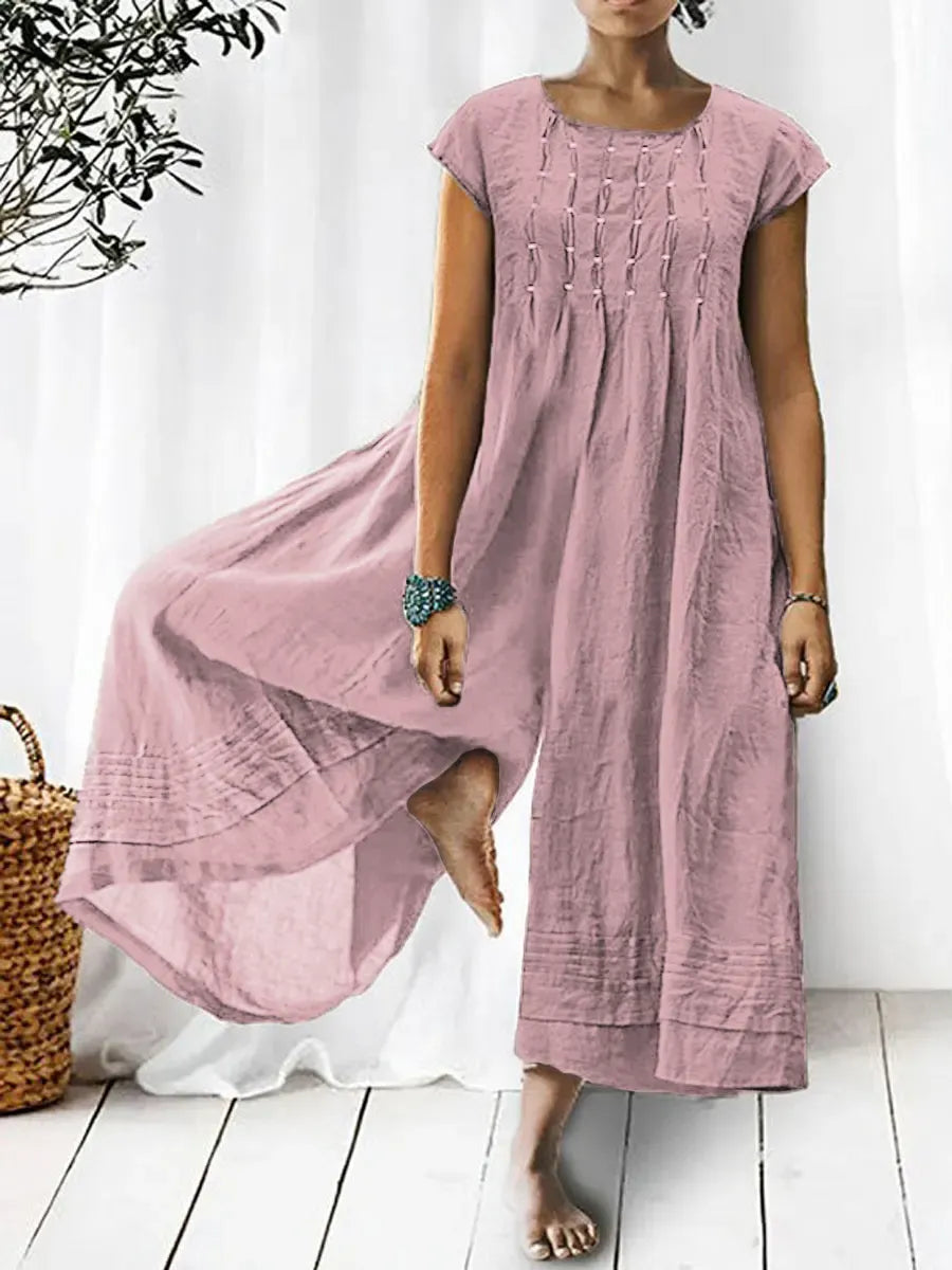 Women's Solid Color Art Casual Short Sleeve Cotton Linen Jumpsuit