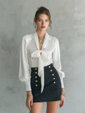 Women's Bow-Tie Satin Blouse & Gold Button Mini Skirt Two-Piece Set