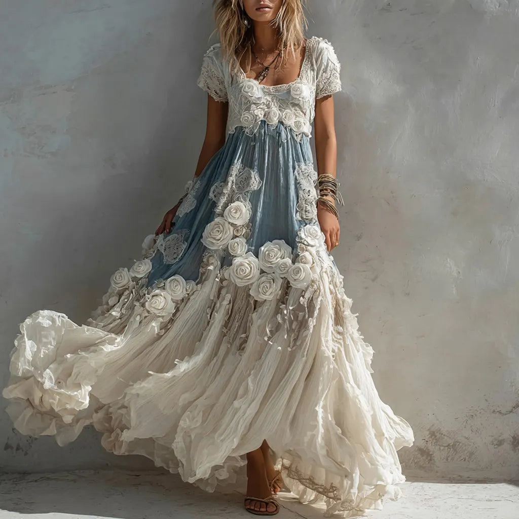 Women's Vintage White Rose Pattern Linen Short Sleeve Dress