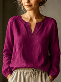 Elegant Linen-Blend Lace-Trim V-Neck Blouse